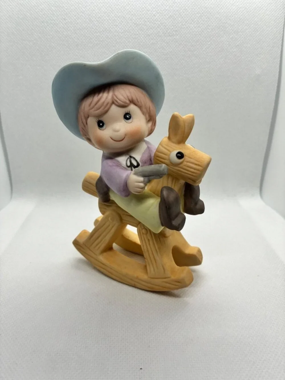 Vintage Ceramic Boy Cowboy on Rocking Horse Figurine Hand Painted Blue Hat